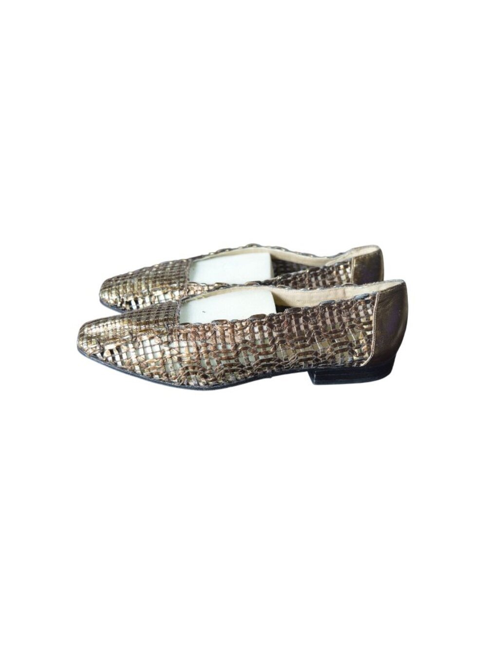 Vintage 80s Margaret Jerrold Bronze Metallic Woven Leather Loafers Boho Corporat